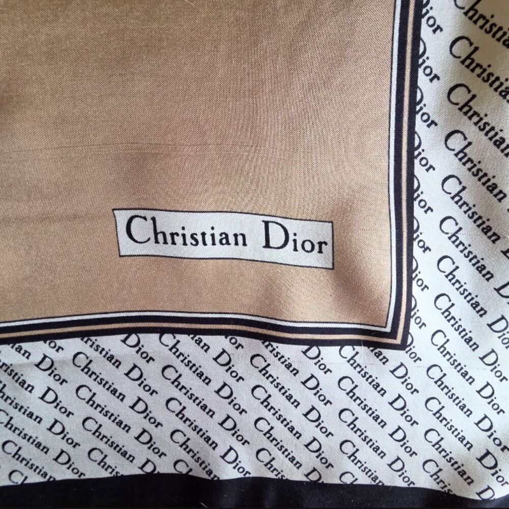 Vintage Christian Dior 100% Silk Scarf Monogram Logo Square Beige Black - Picture 4 of 10